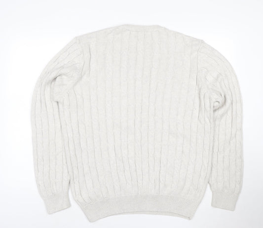 Marks and Spencer Men Ivory XL Cable-Knit V-Neck Cotton Pullover Jumper