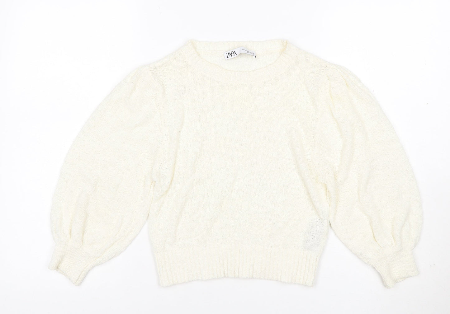 Zara Women Ivory M Cotton Blend Knit Balloon Sleeve Pullover Jumper