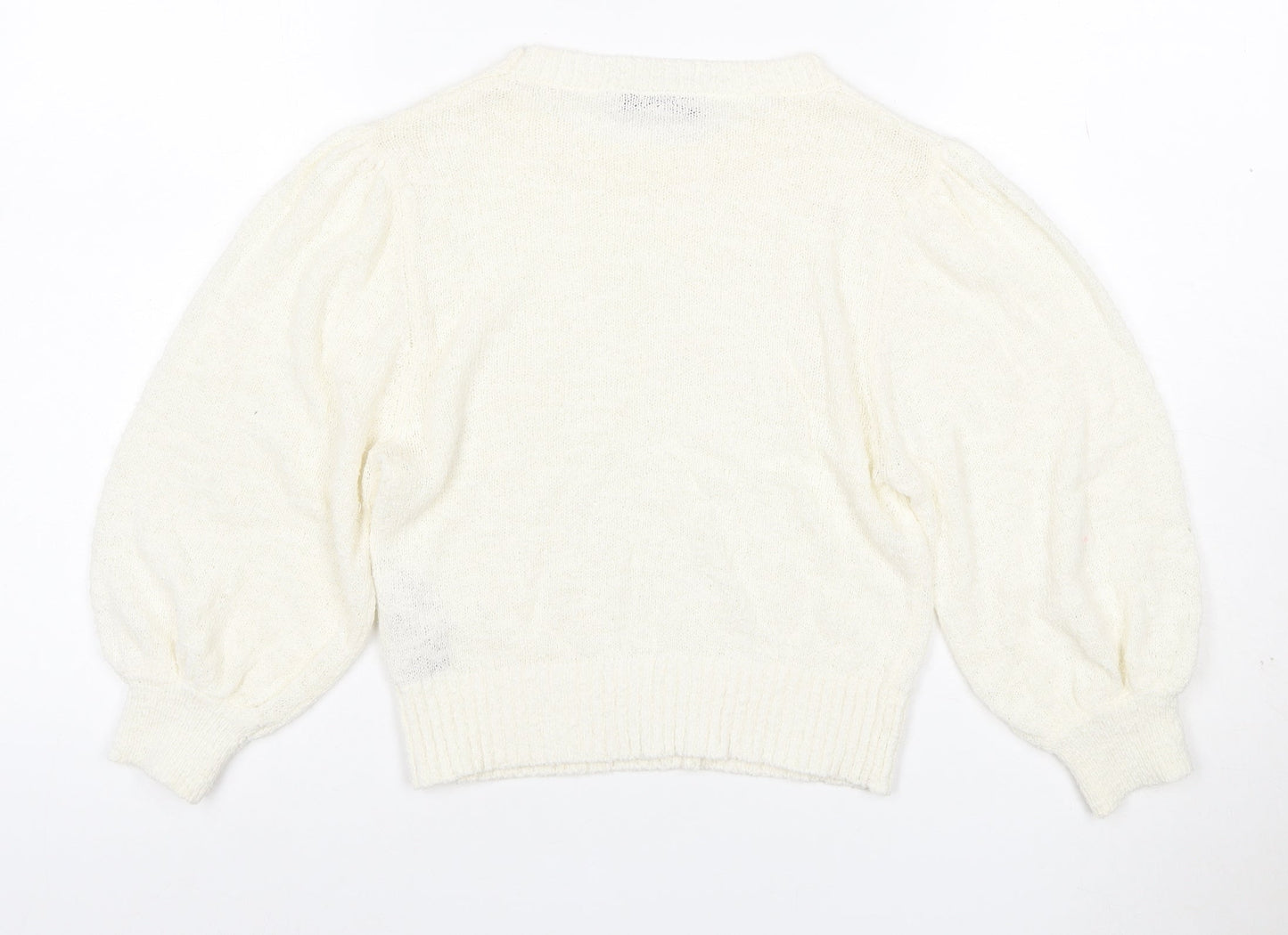 Zara Women Ivory M Cotton Blend Knit Balloon Sleeve Pullover Jumper