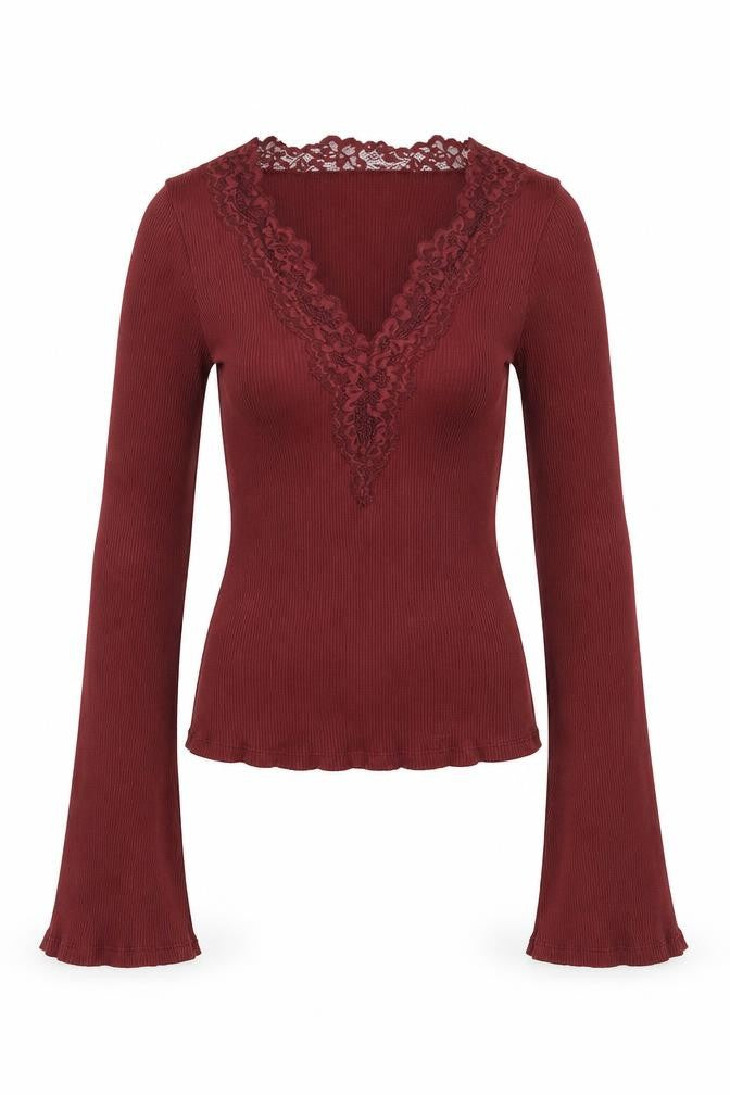 ASOS DESIGN Women Red XS Ribbed Lace V-Neck Flare Sleeve Top