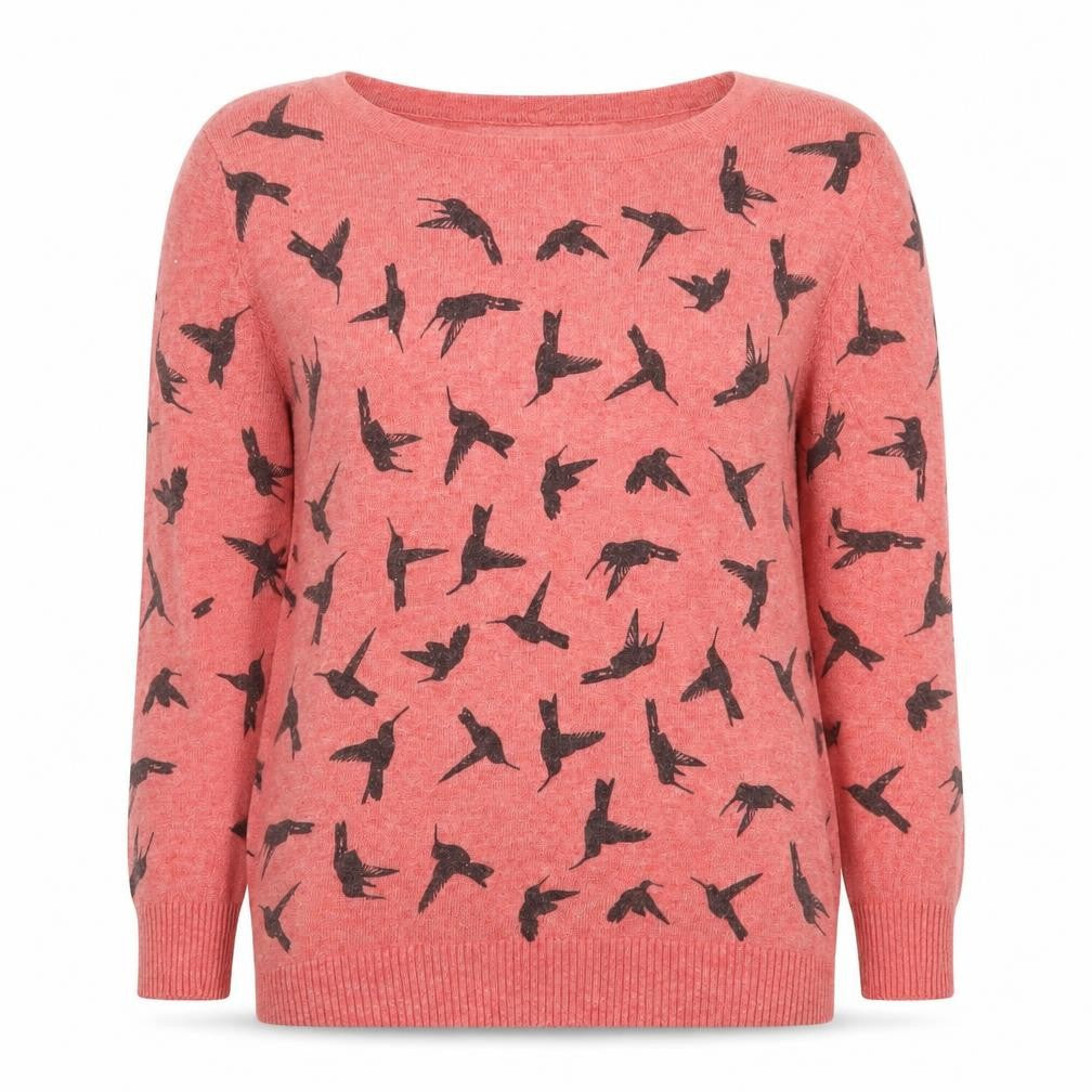 Uttam Boutique Women Pink Bird Print Wool Blend Jumper UK 10