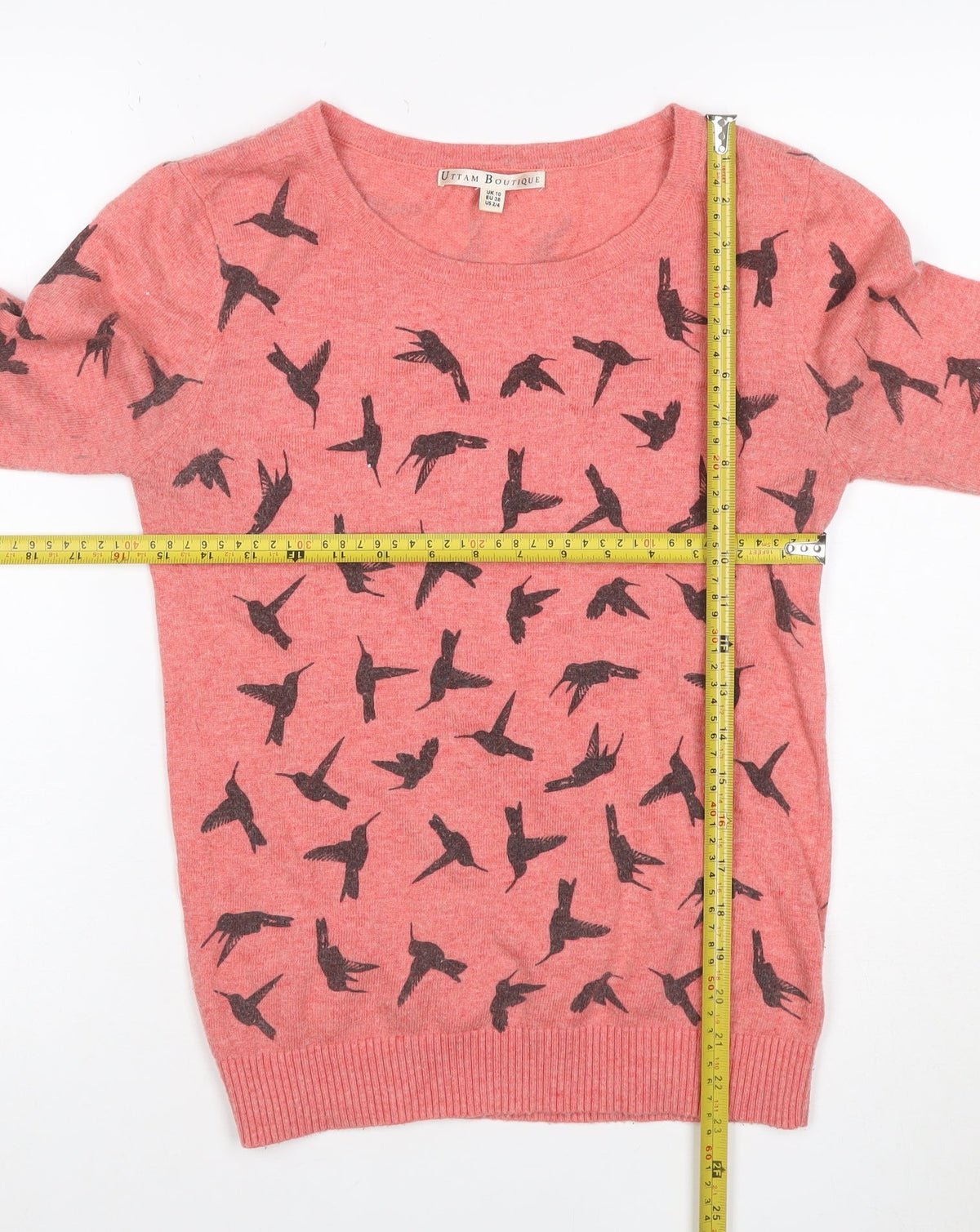 Uttam Boutique Women Pink Bird Print Wool Blend Jumper UK 10