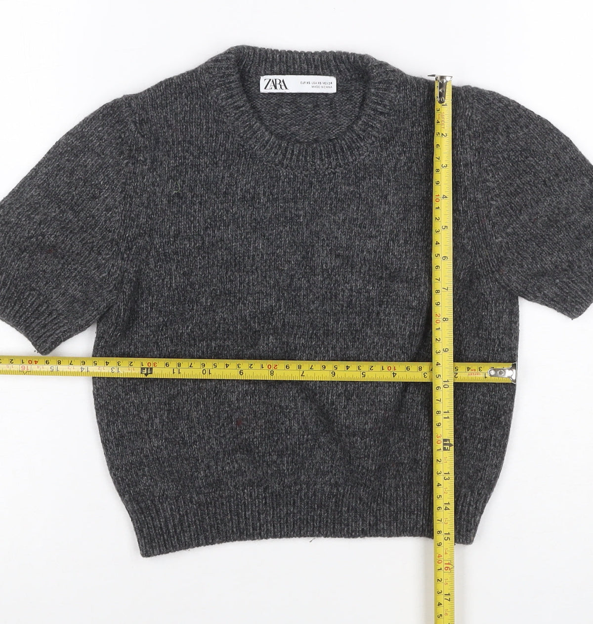 Zara Women Grey XS Short Sleeve Wool Blend Chunky Knit Crew Neck Jumper