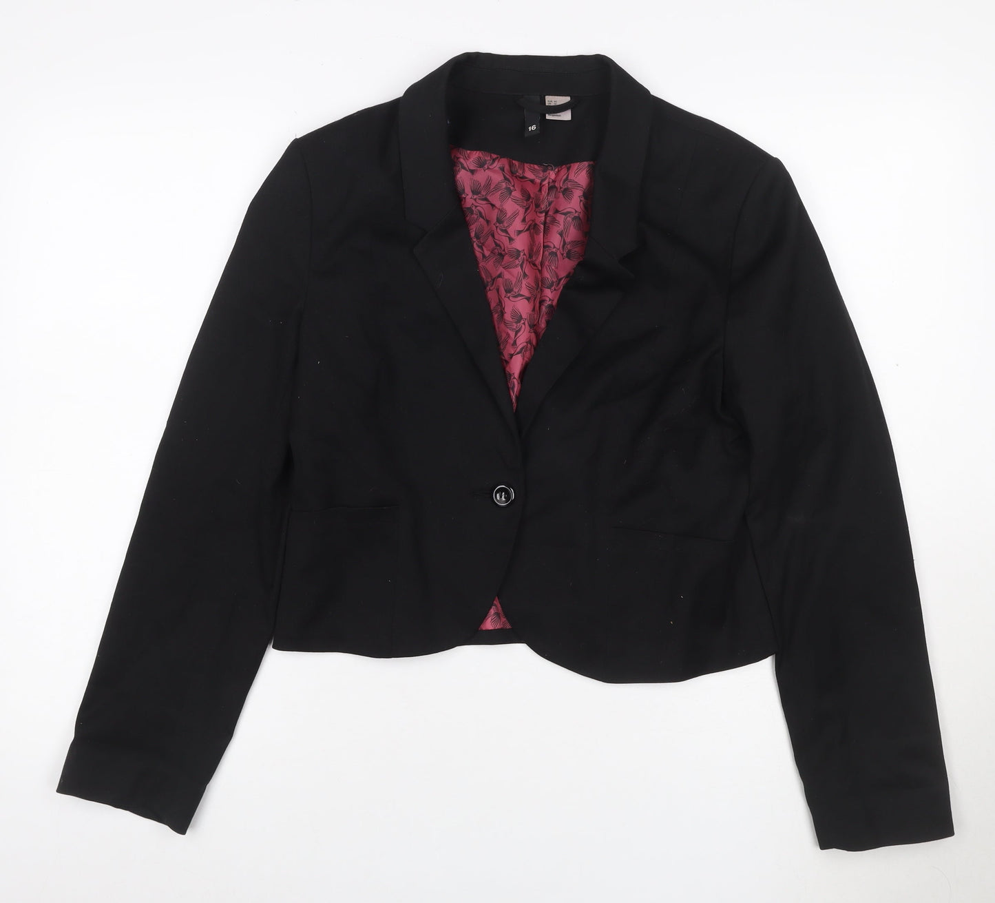 H&M Women’s Black Size 16 Single-Breasted Blazer Bird Lining