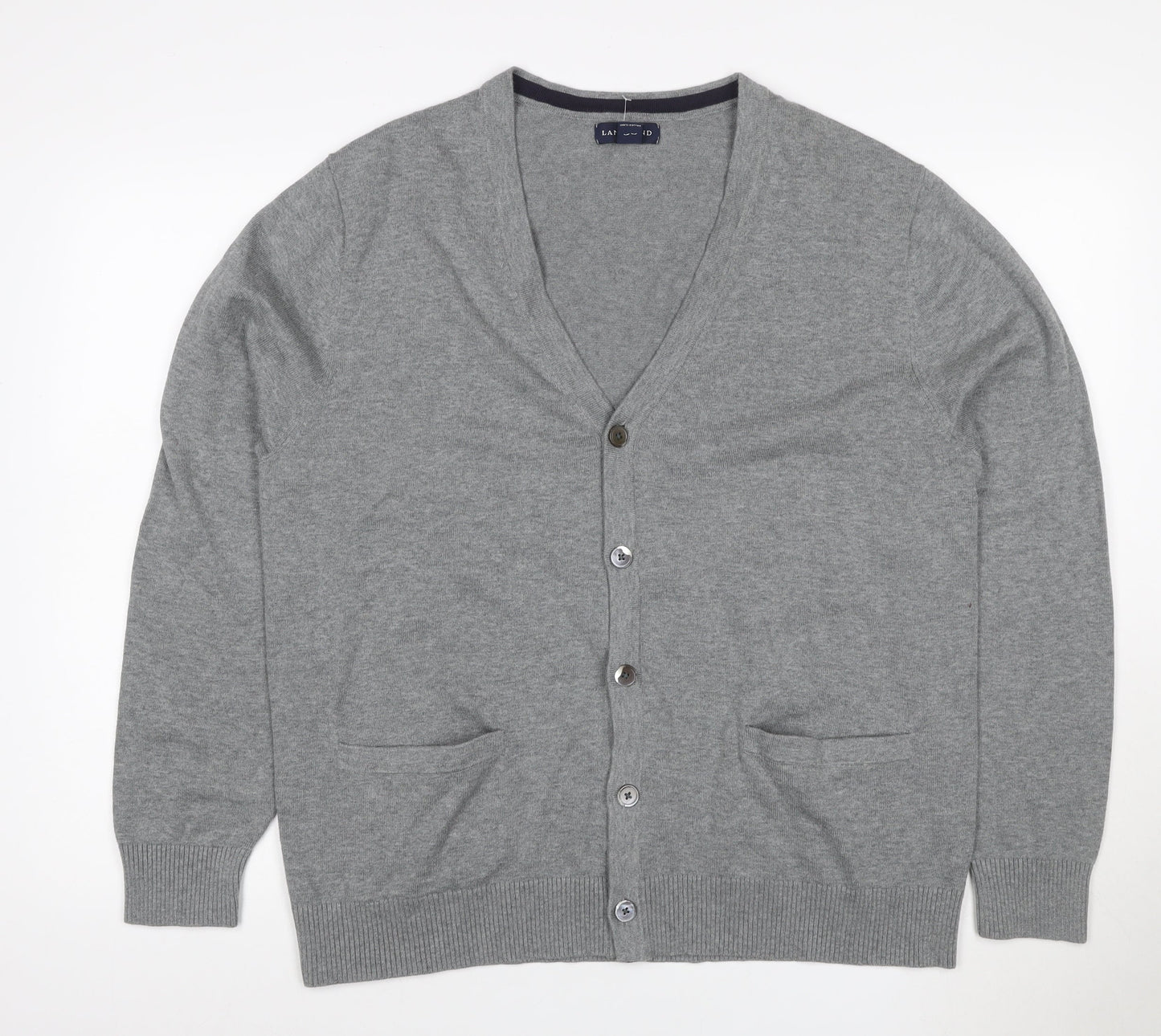 Lands' End Men Grey L Button V-Neck Cotton Knit Cardigan Pockets