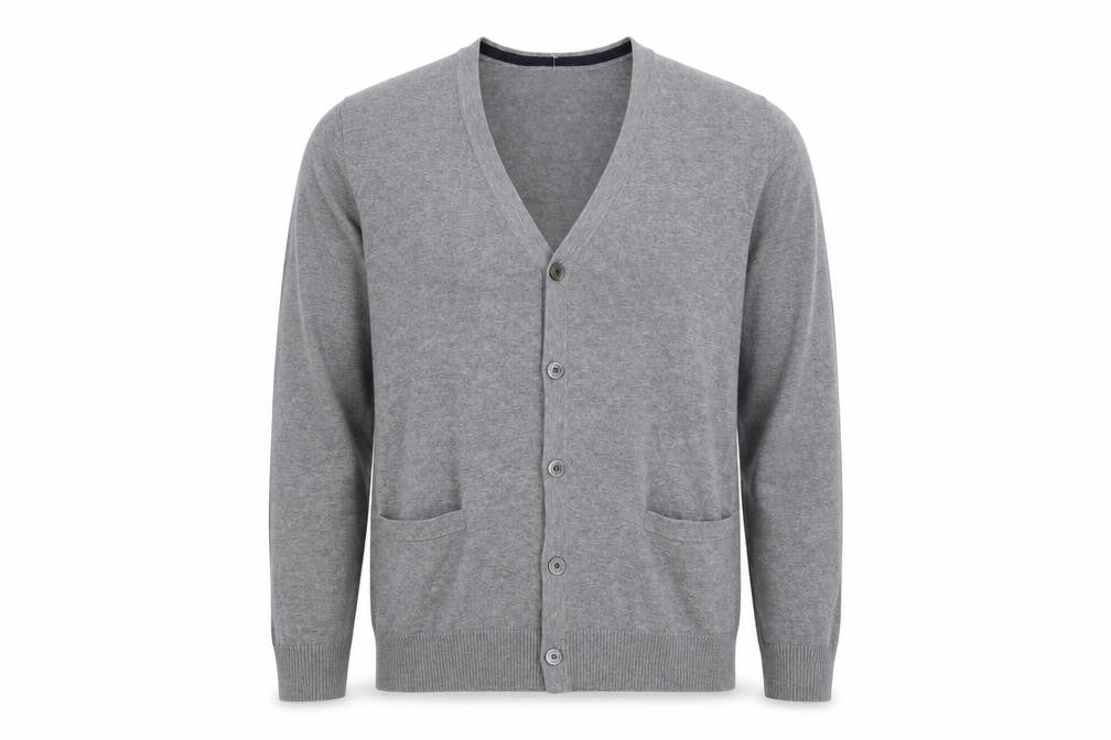 Lands' End Men Grey L Button V-Neck Cotton Knit Cardigan Pockets