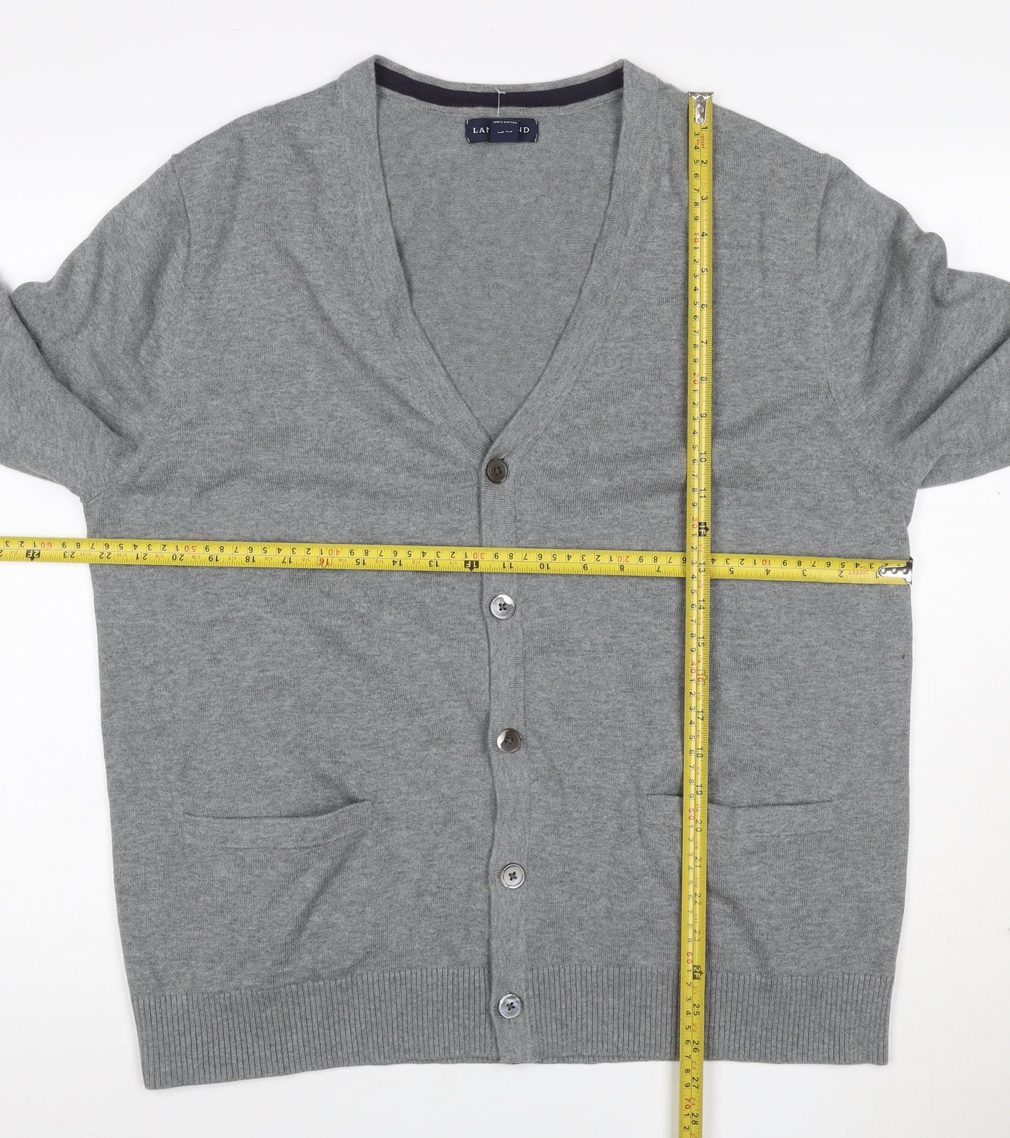 Lands' End Men Grey L Button V-Neck Cotton Knit Cardigan Pockets