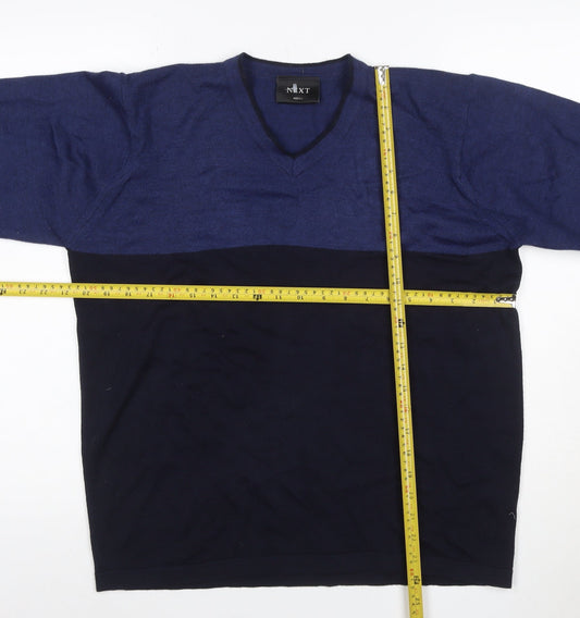 Next Men's Blue Black Merino Wool V-Neck Pullover Jumper M