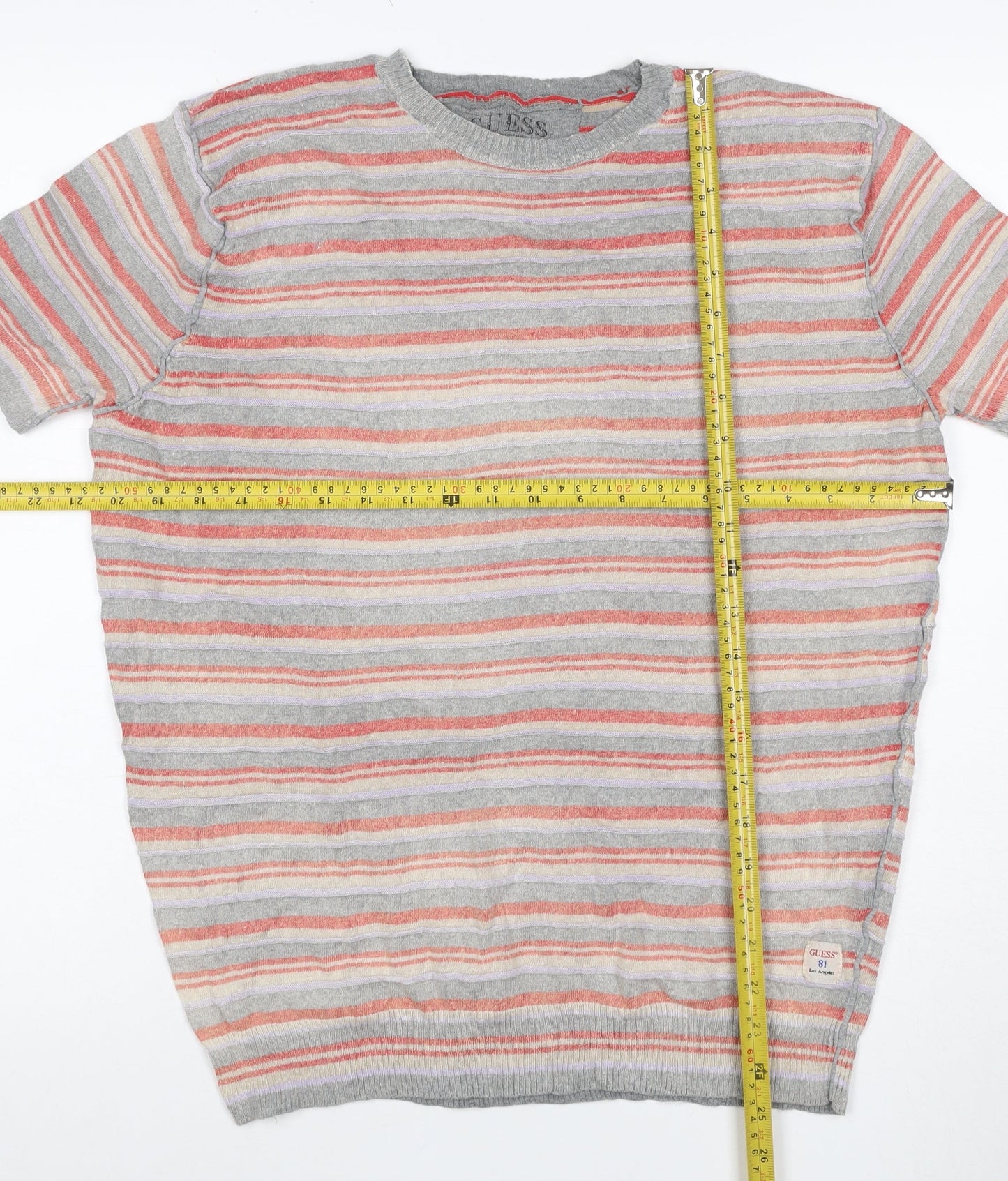 Guess Men’s Grey Striped Cotton Crew Neck Short Sleeve T-Shirt XXL
