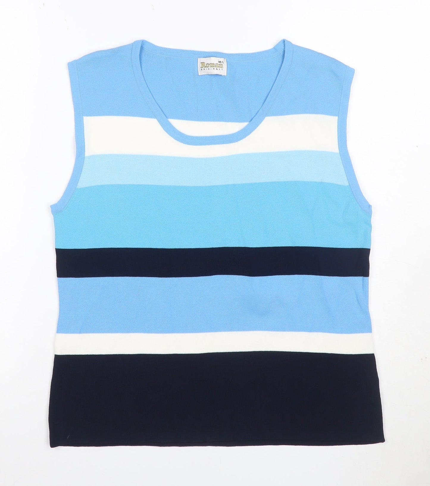 Roman Women Blue Stripe Knit Sleeveless Tank Top Size L