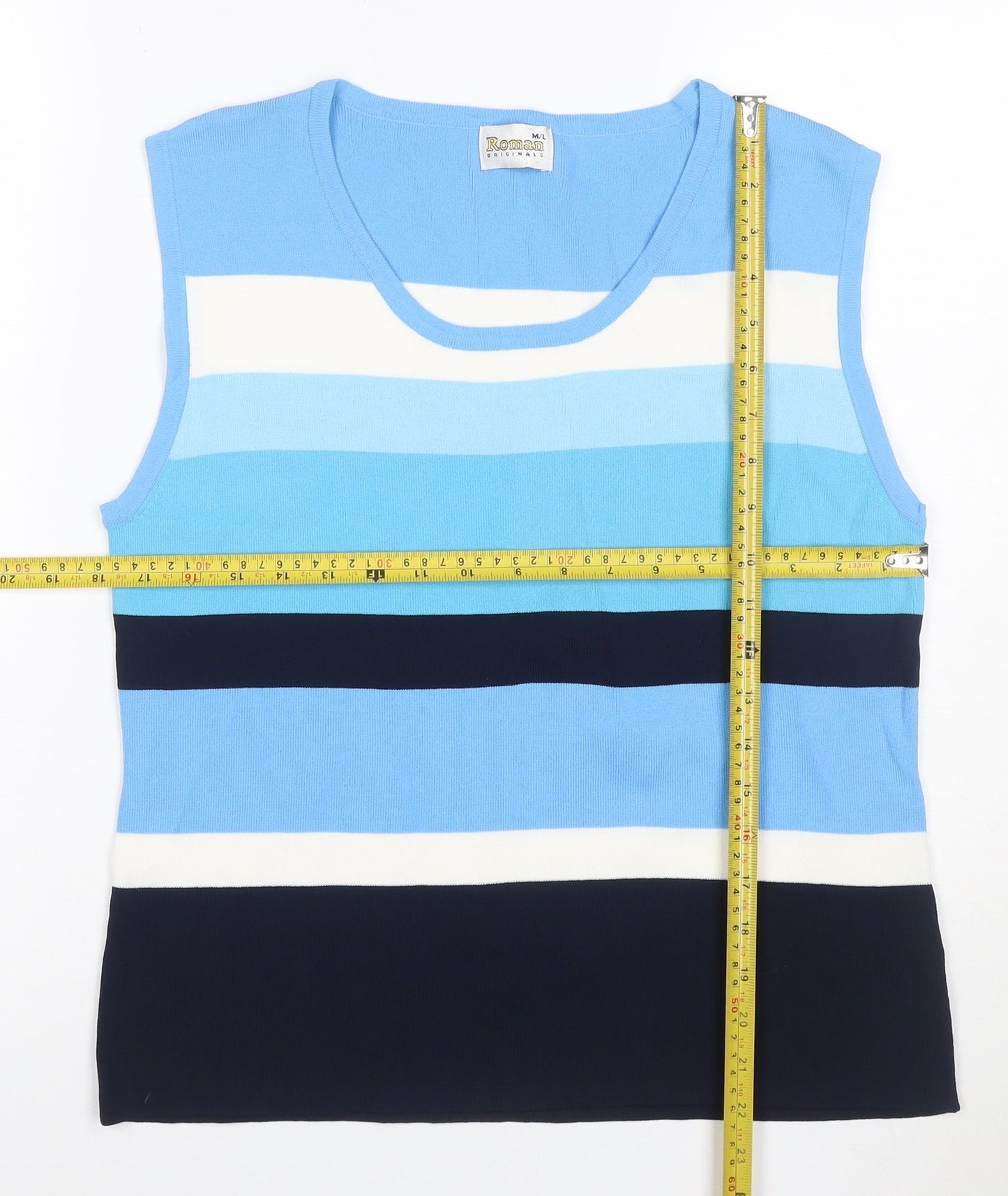 Roman Women Blue Stripe Knit Sleeveless Tank Top Size L
