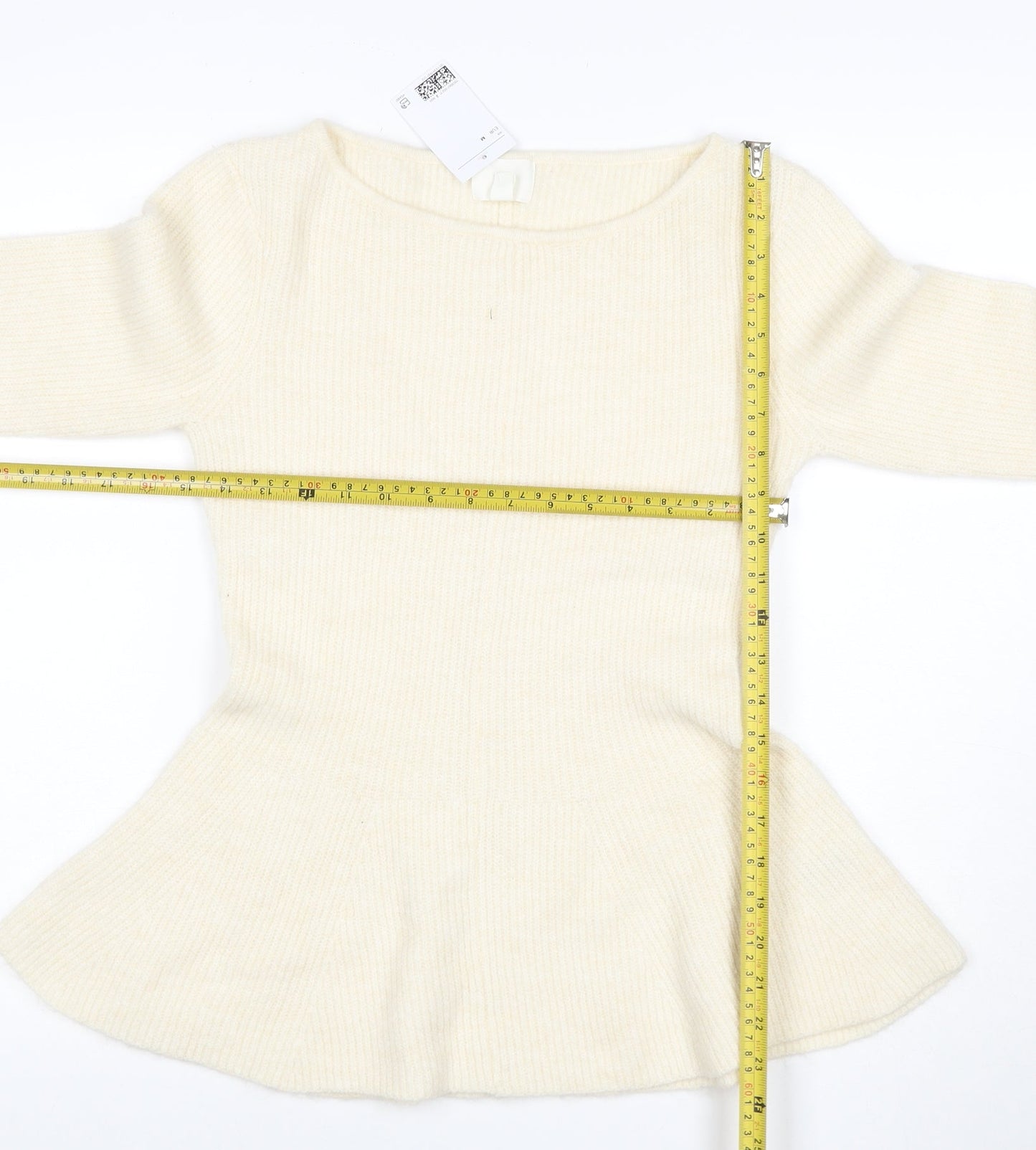 H&M Women Ivory M Ribbed Boat Neck Peplum Knit Jumper