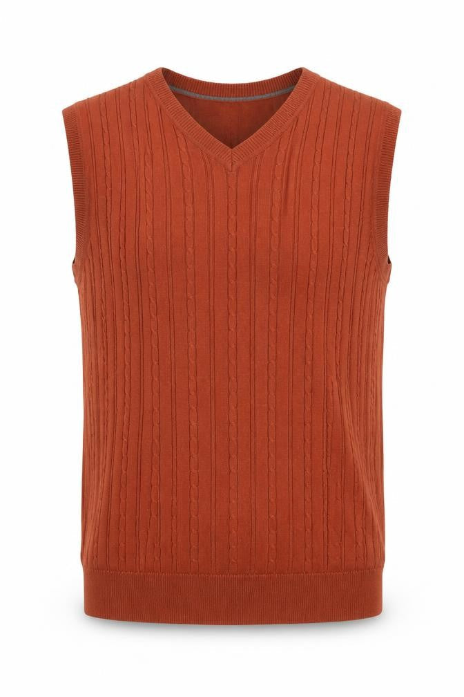 Haggar Men Orange L Cable Knit V-Neck Cotton Sleeveless Jumper Vest