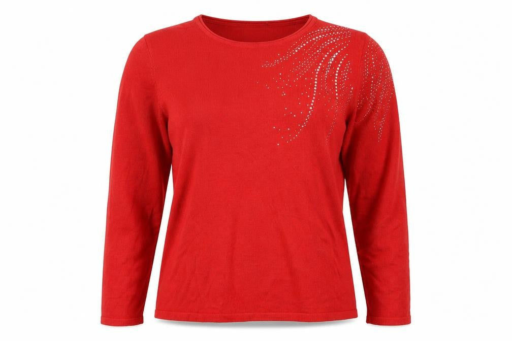 Damart Women Red UK 14/16 Rhinestone Round Neck Long Sleeve Jumper