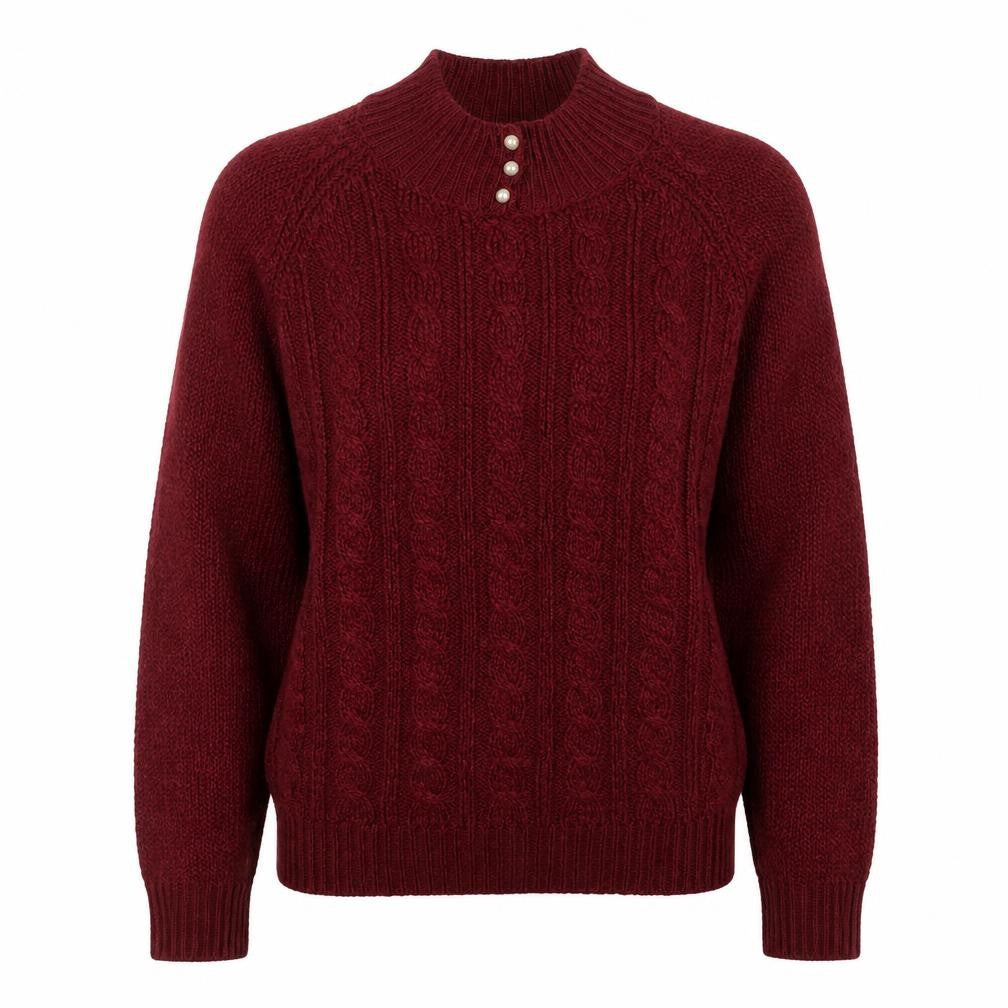 Karen Scott Women Red Petite M Cable Knit Mock Neck Henley Jumper