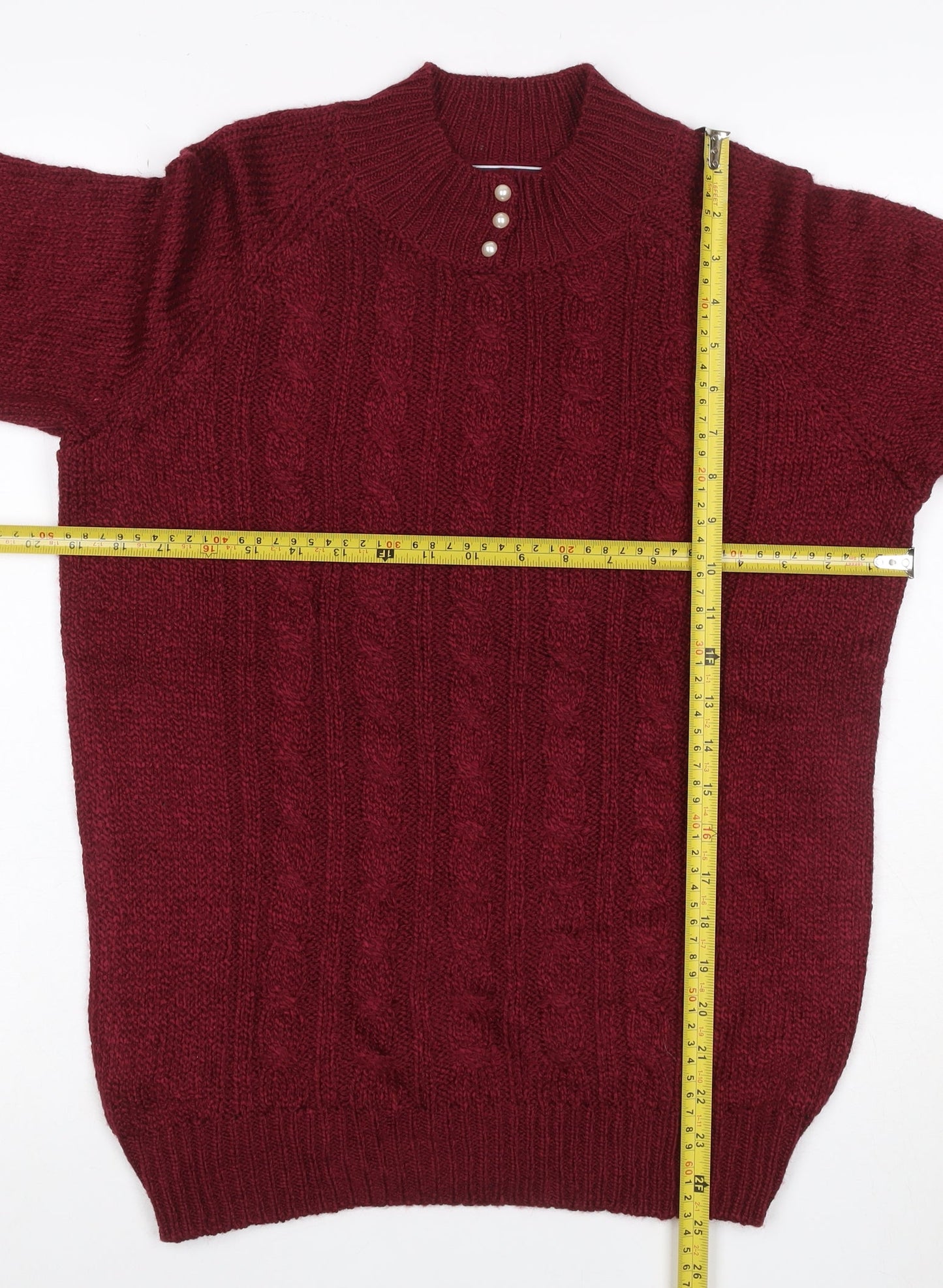 Karen Scott Women Red Petite M Cable Knit Mock Neck Henley Jumper