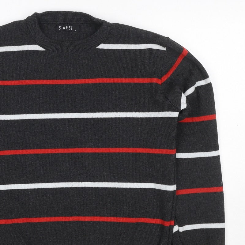 S'WEST Unisex Adults Black L Striped Crew Neck Knit Pullover Jumper