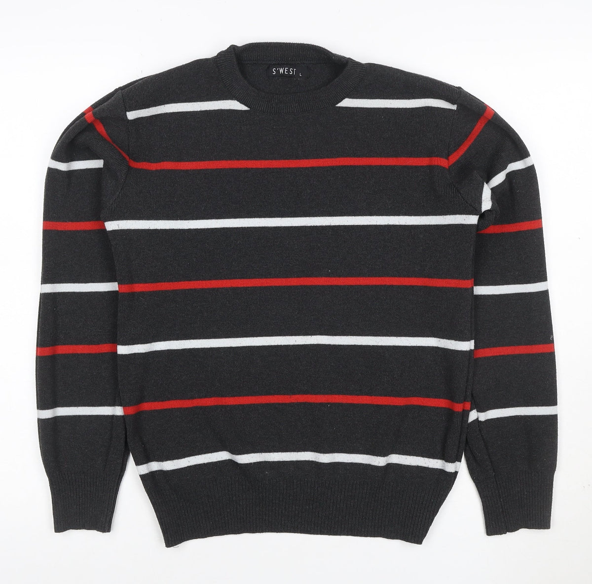 S'WEST Unisex Adults Black L Striped Crew Neck Knit Pullover Jumper