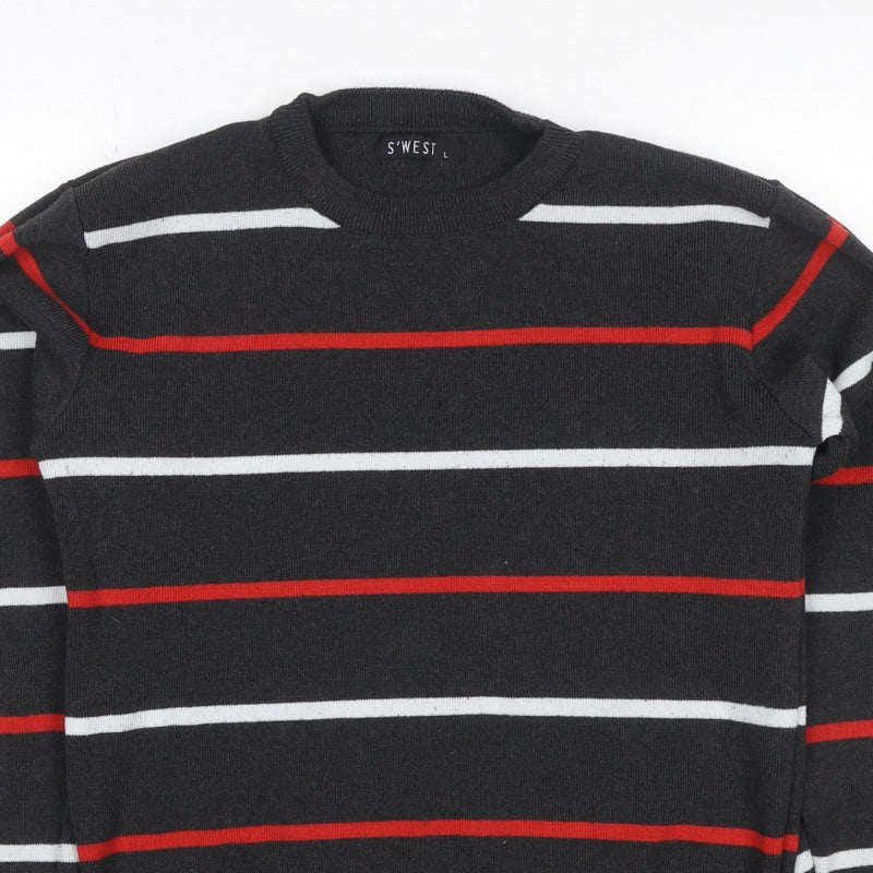 S'WEST Unisex Adults Black L Striped Crew Neck Knit Pullover Jumper