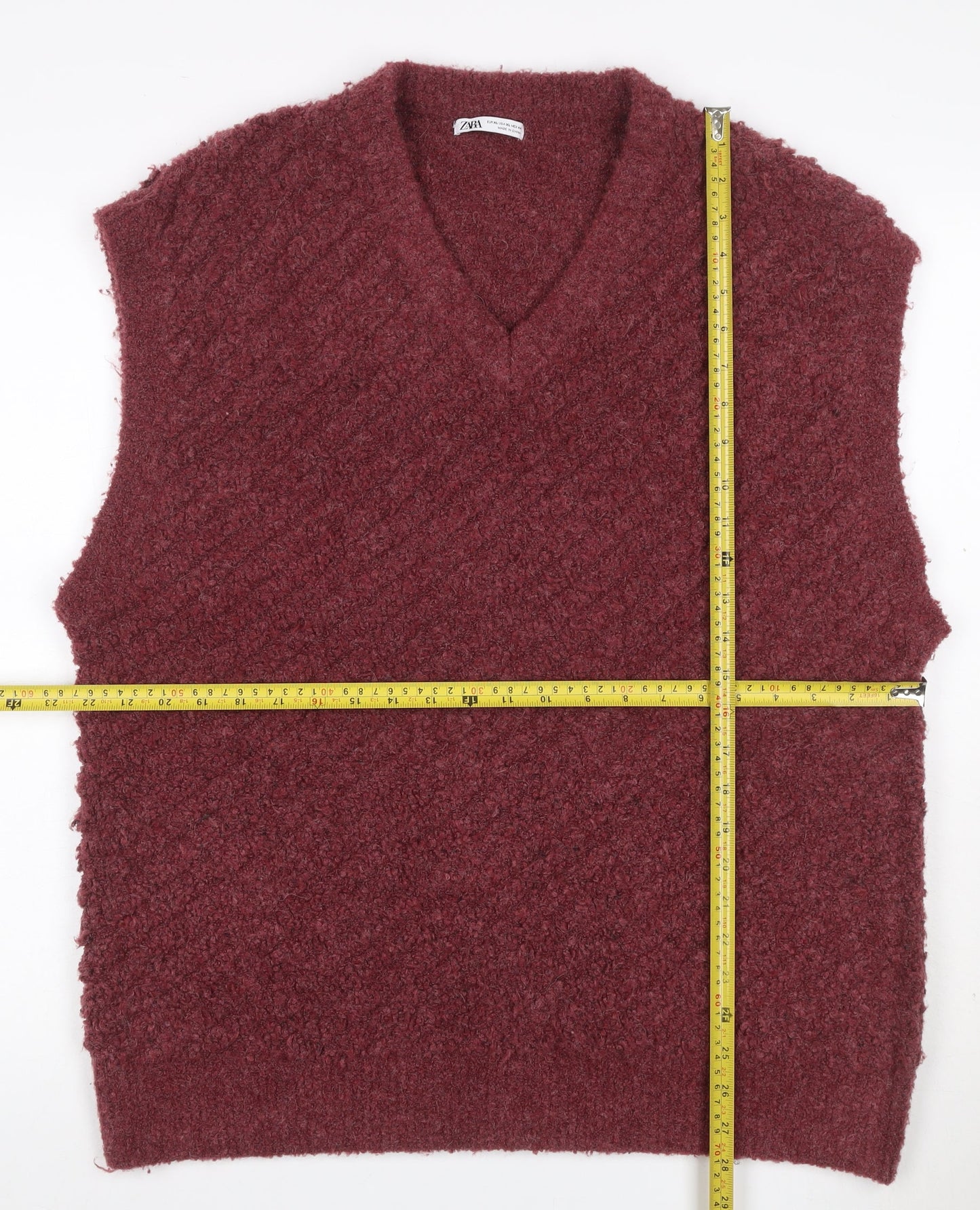 Zara Women Red UK 16 V-Neck Bouclé Knit Sleeveless Jumper Vest