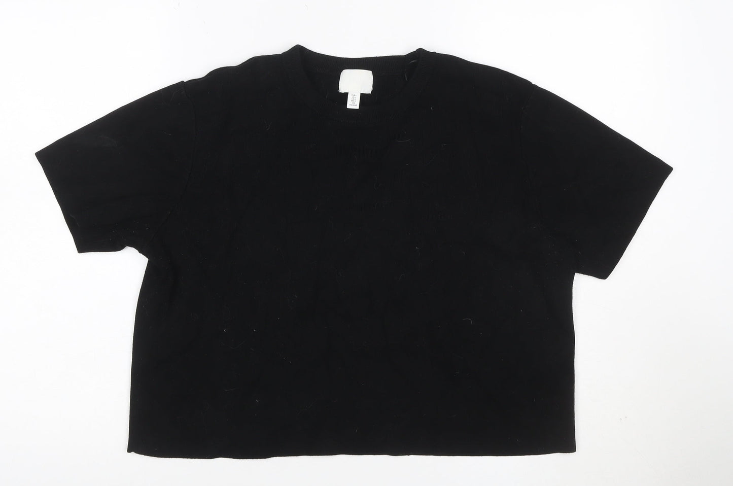 H&M Women Black L Slim Fit Rib Knit Crew Neck Short Sleeve T-Shirt
