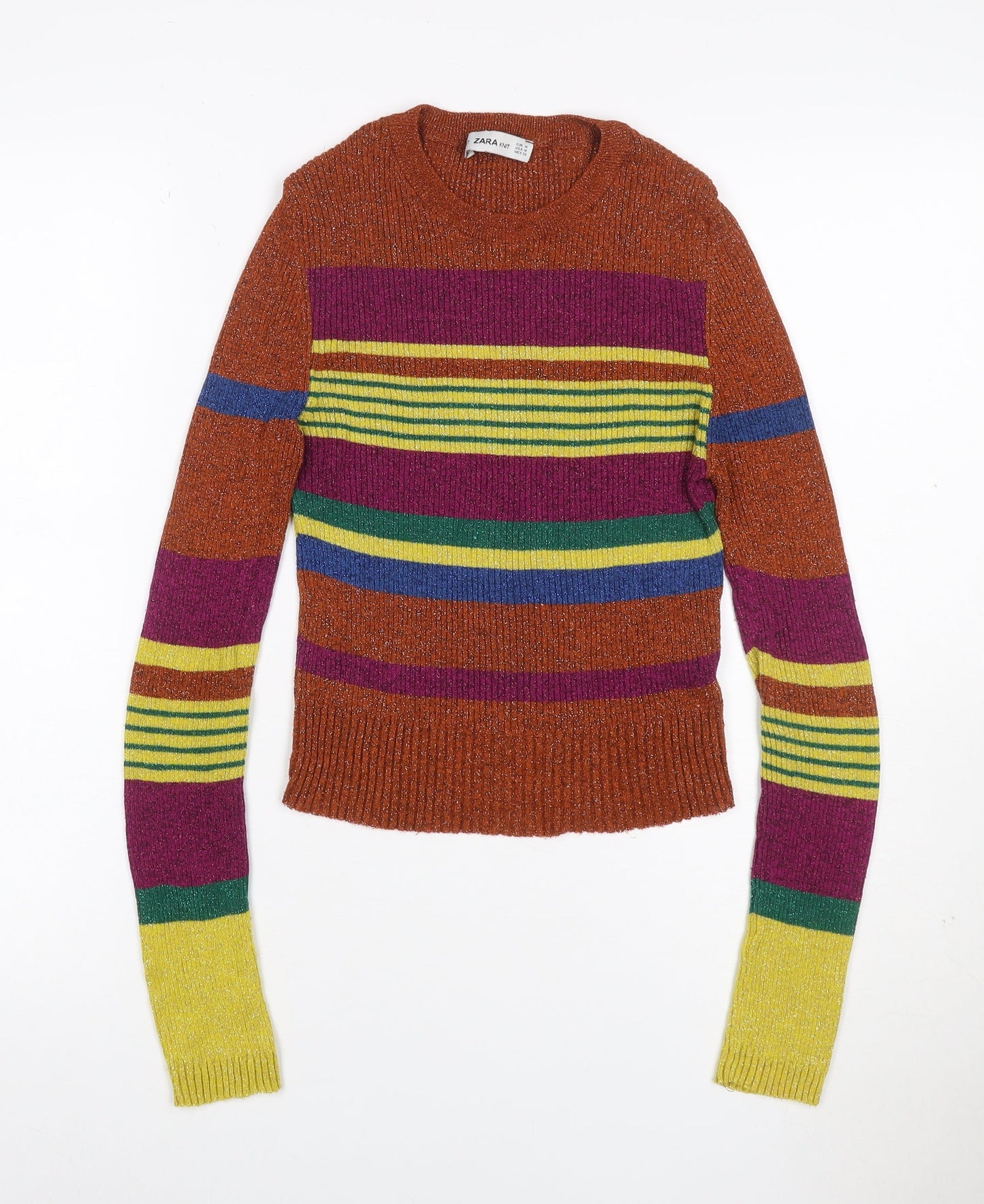 Zara Women Multicoloured M Cropped Rib Knit Striped Long Sleeve Top