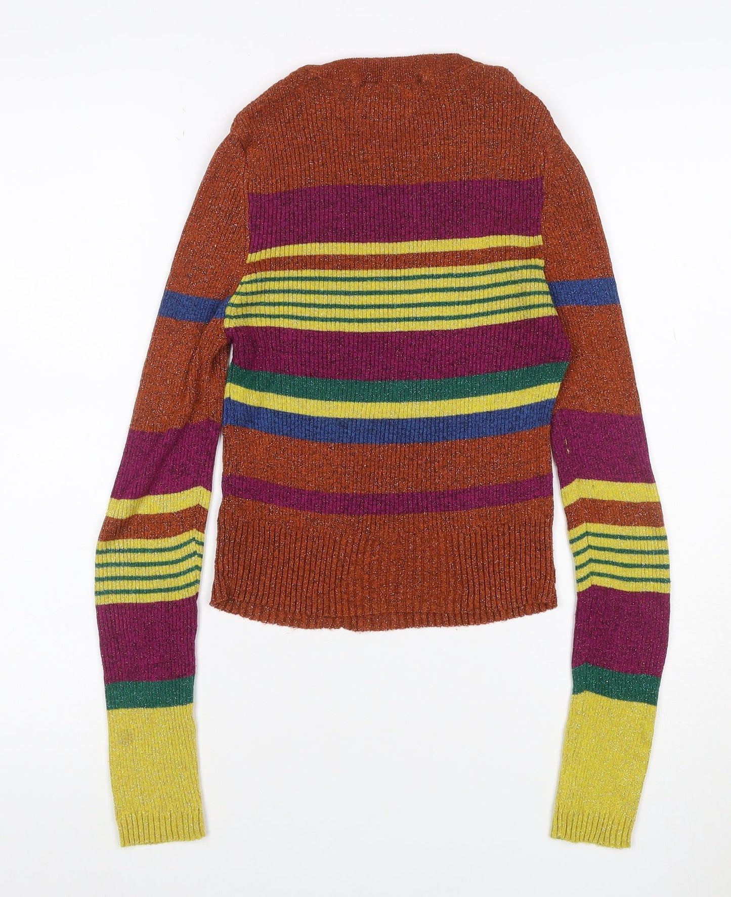 Zara Women Multicoloured M Cropped Rib Knit Striped Long Sleeve Top