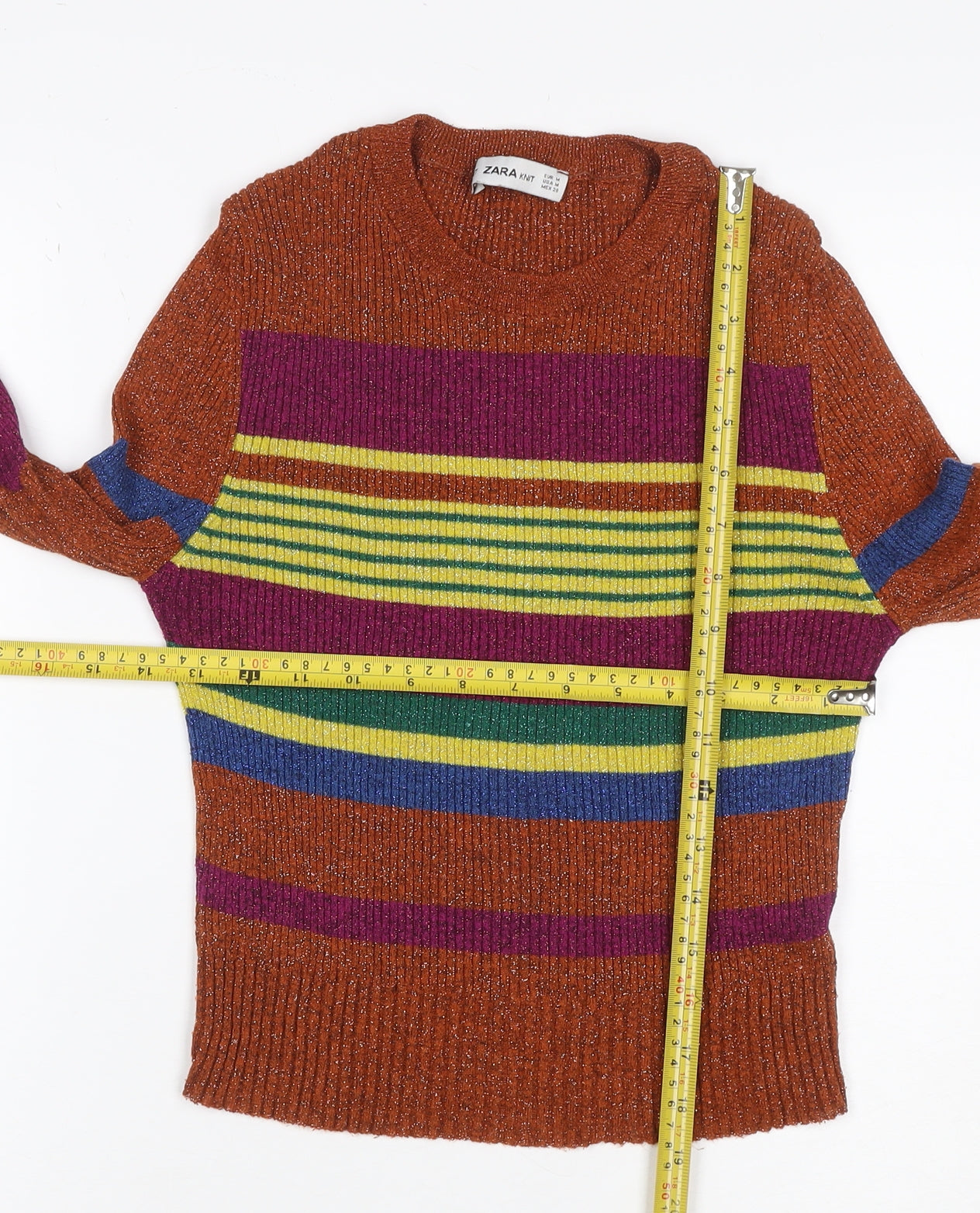 Zara Women Multicoloured M Cropped Rib Knit Striped Long Sleeve Top