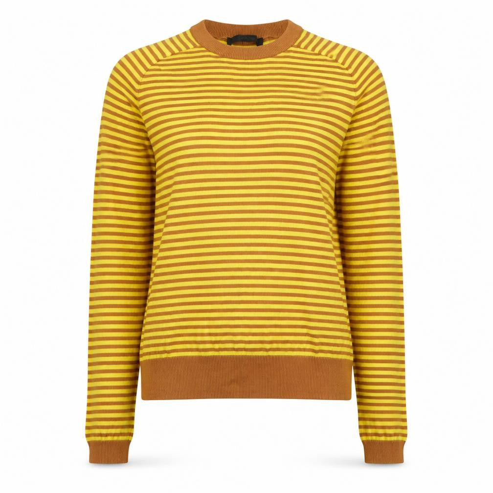 RUZ Women Yellow Brown Striped Knit Slim Long Sleeve Crew Top S