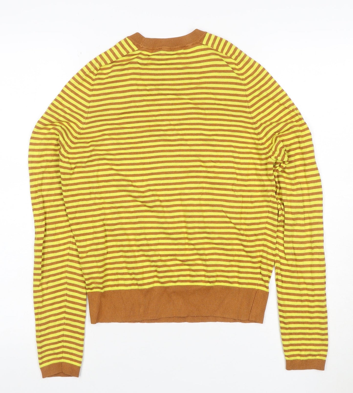 RUZ Women Yellow Brown Striped Knit Slim Long Sleeve Crew Top S