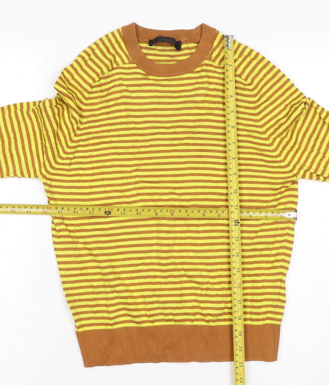 RUZ Women Yellow Brown Striped Knit Slim Long Sleeve Crew Top S