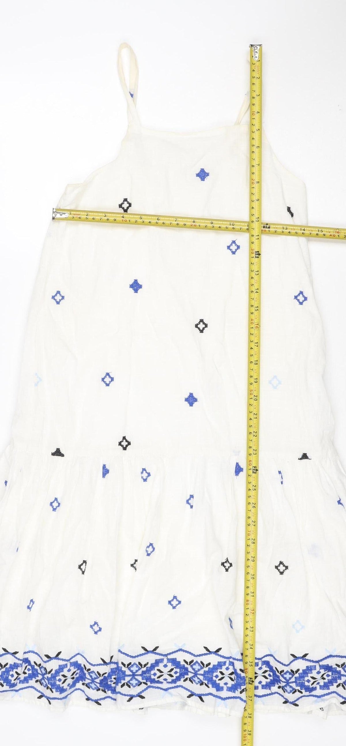 Zara Girls White Blue Embroidered A-Line Dress 13-14 Years