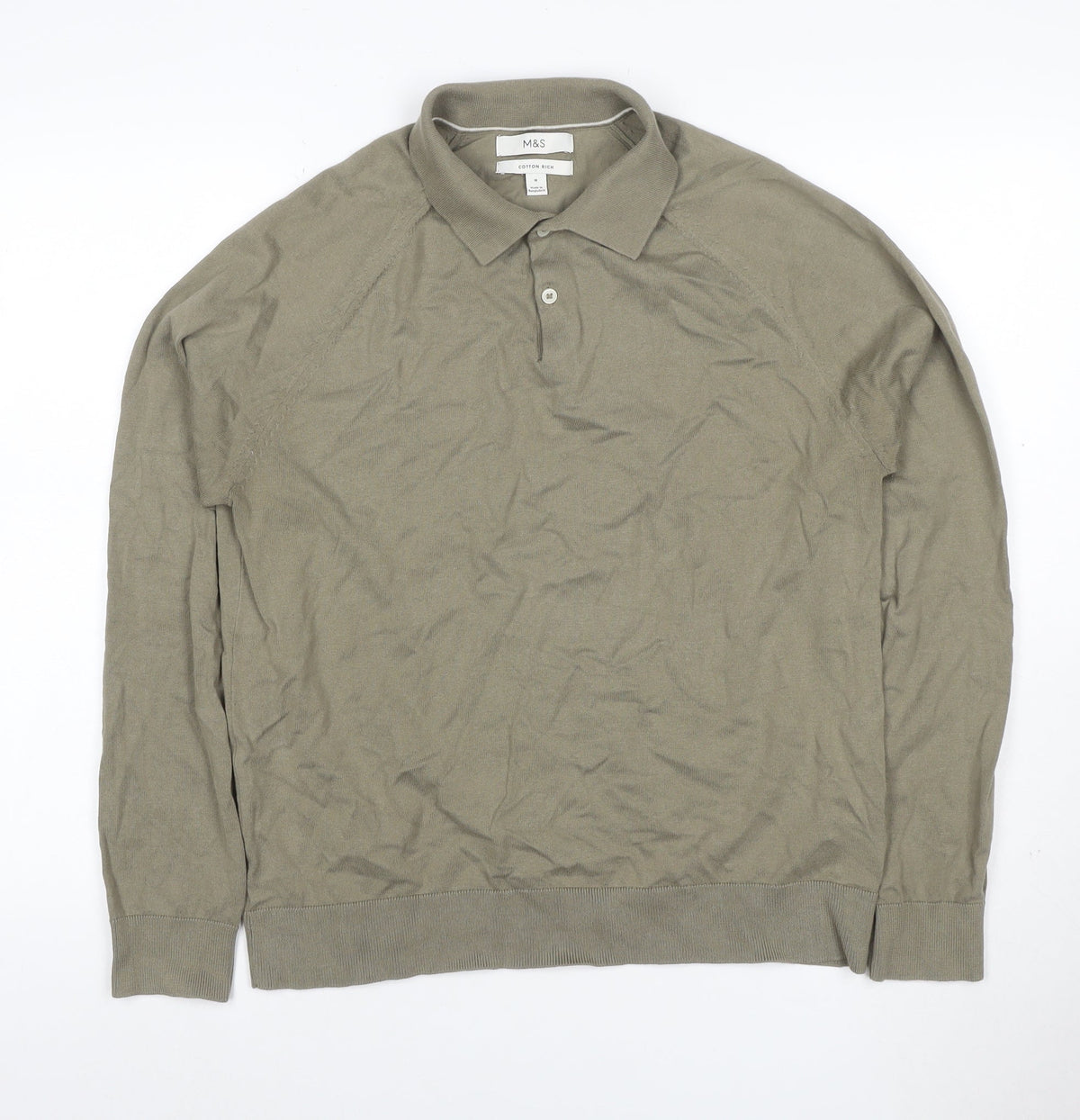 Marks and Spencer Mens Beige M Long Sleeve Cotton Rich Knit Polo