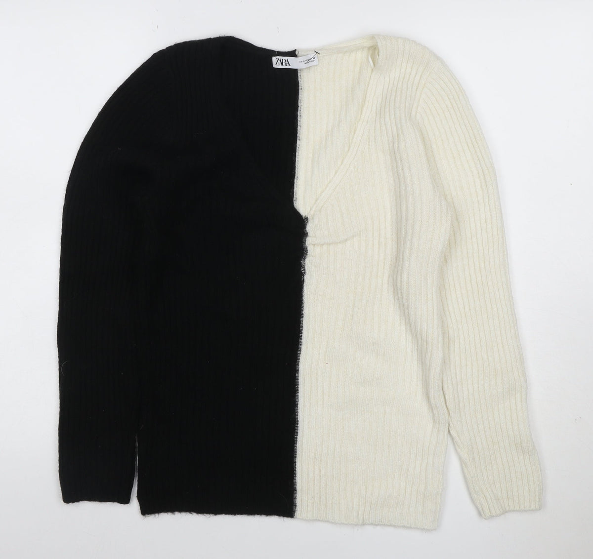 Zara Women’s Black Ivory M Rib Knit Colour Block Crew Neck Jumper
