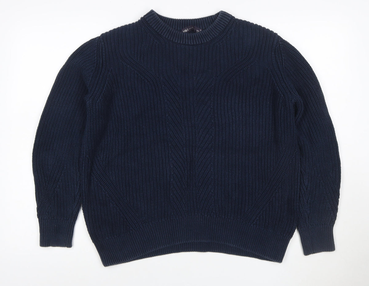 Marks & Spencer Women Blue M Cable Knit Cotton Crew Neck Jumper