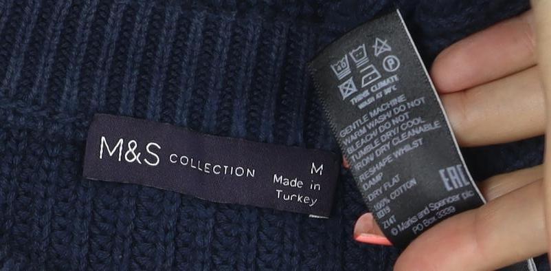 Marks & Spencer Women Blue M Cable Knit Cotton Crew Neck Jumper