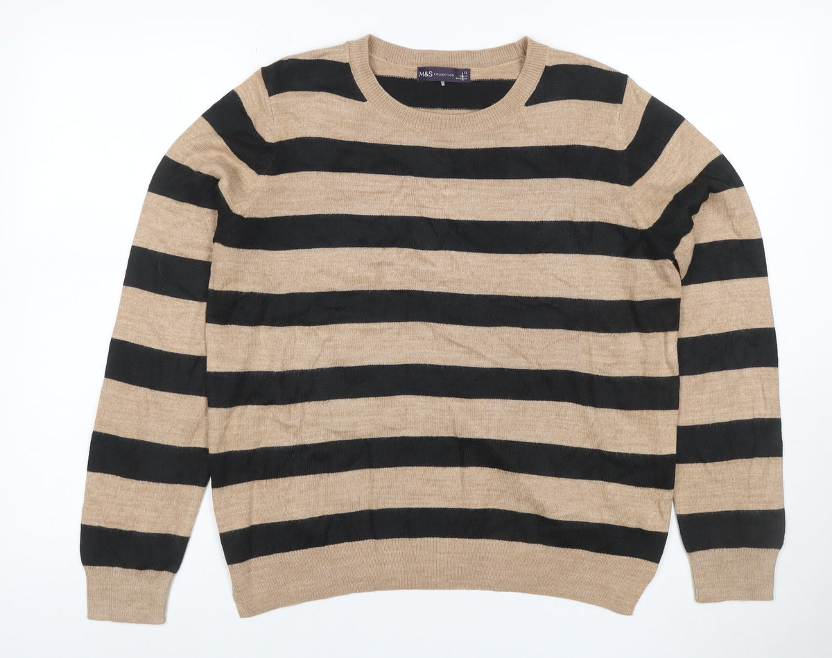 Marks & Spencer Women’s Beige Black Stripe Crew Neck Acrylic Knit Jumper UK 12
