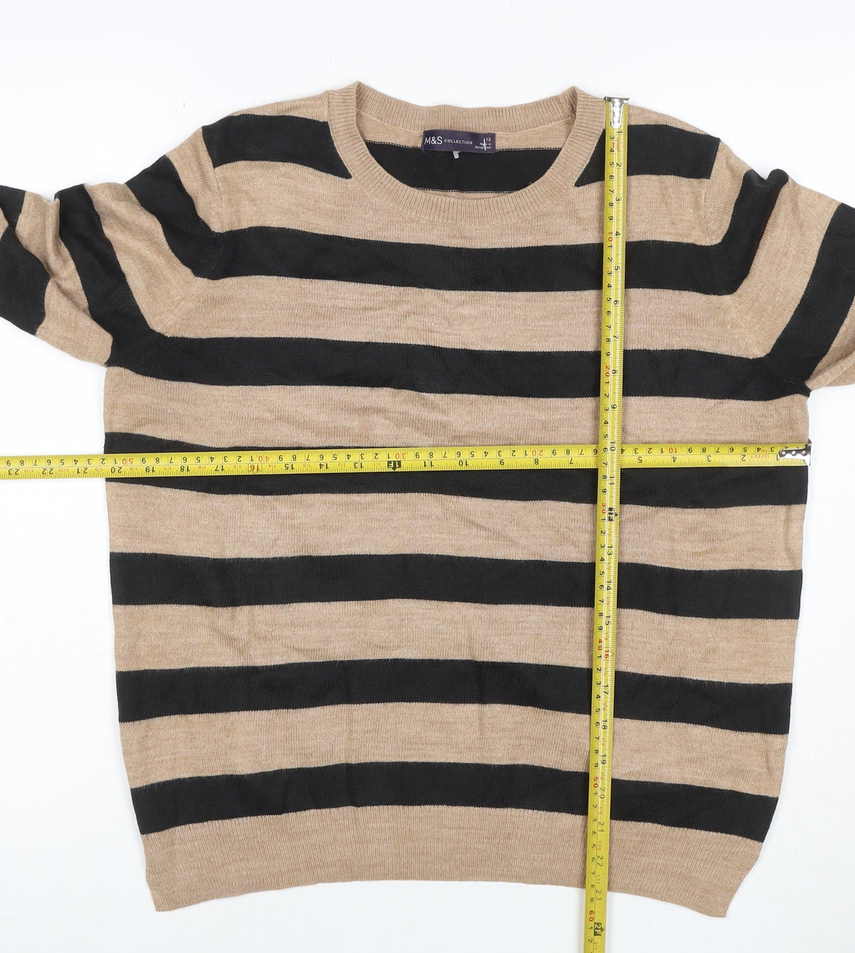 Marks & Spencer Women’s Beige Black Stripe Crew Neck Acrylic Knit Jumper UK 12