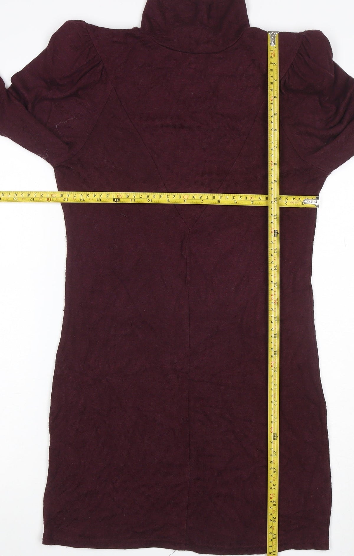 Mango Women Red M Bodycon Knee Dress High Neck Puff Long Sleeve