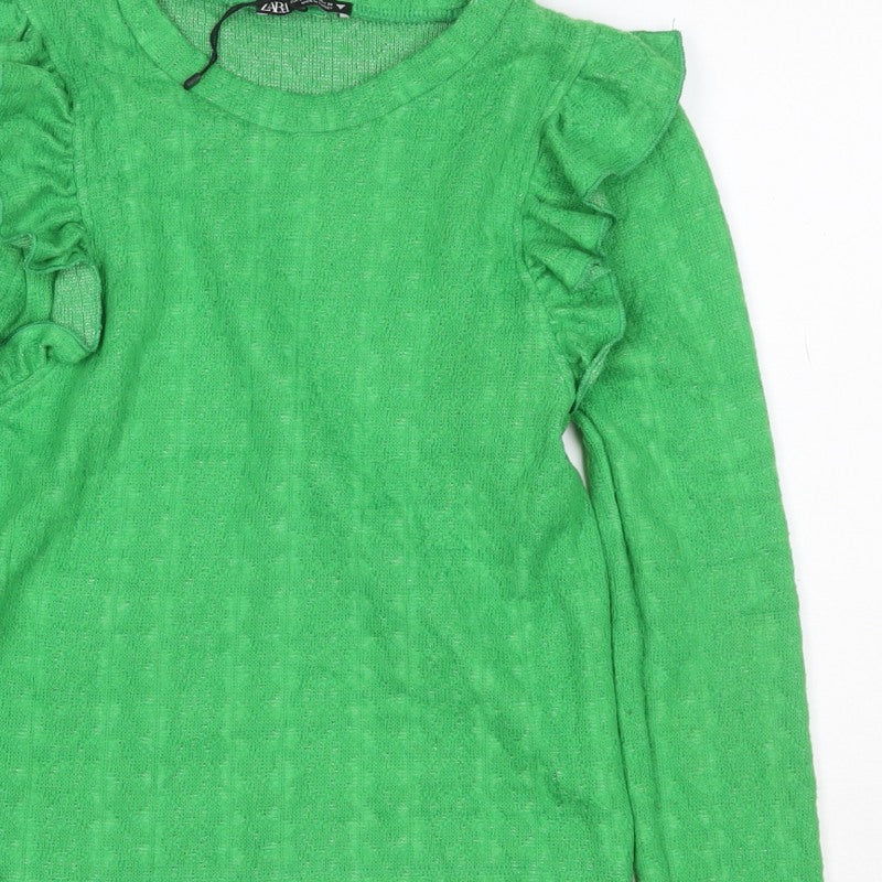 Zara Women Green S Ruffle Shoulder Crew Neck Knit Jumper