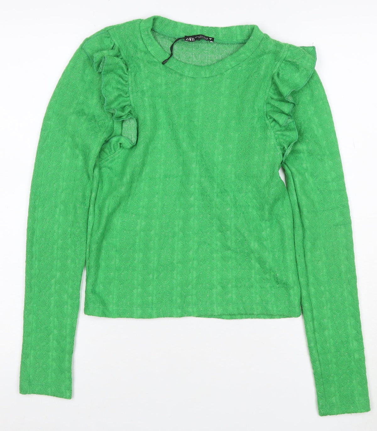 Zara Women Green S Ruffle Shoulder Crew Neck Knit Jumper