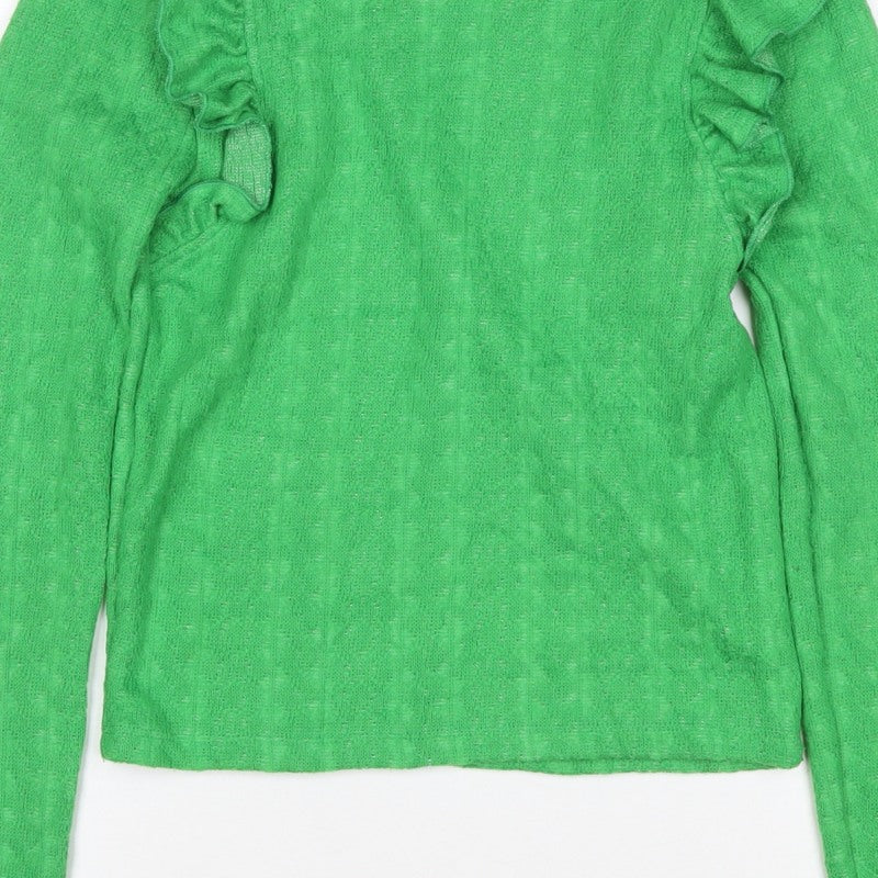 Zara Women Green S Ruffle Shoulder Crew Neck Knit Jumper