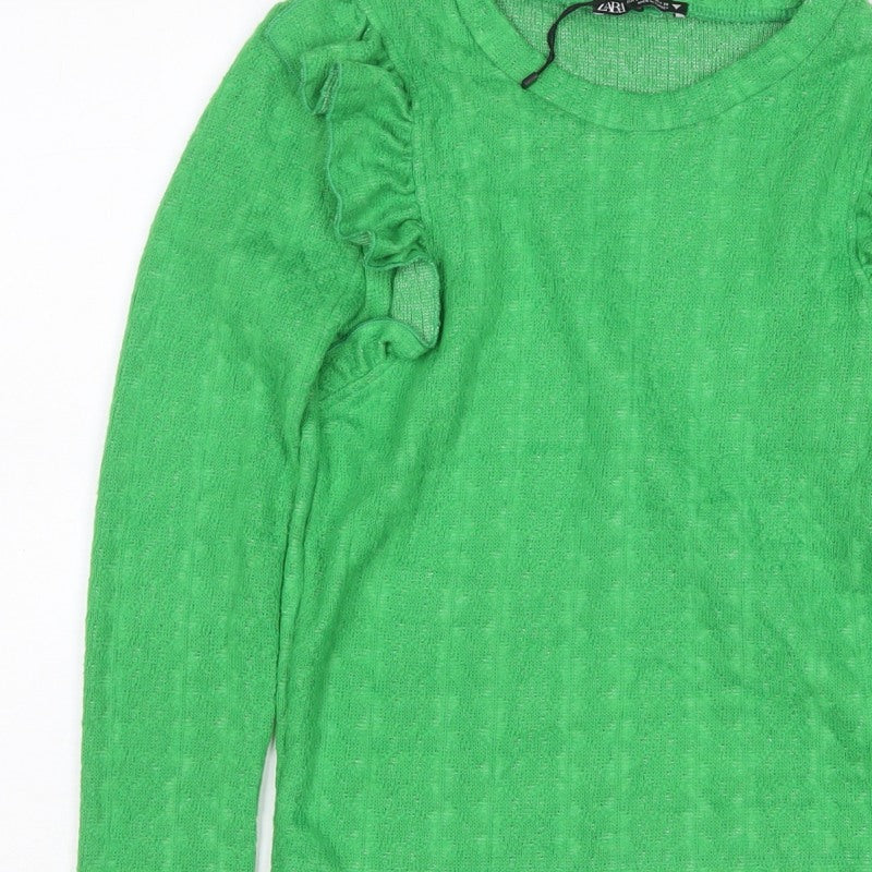 Zara Women Green S Ruffle Shoulder Crew Neck Knit Jumper