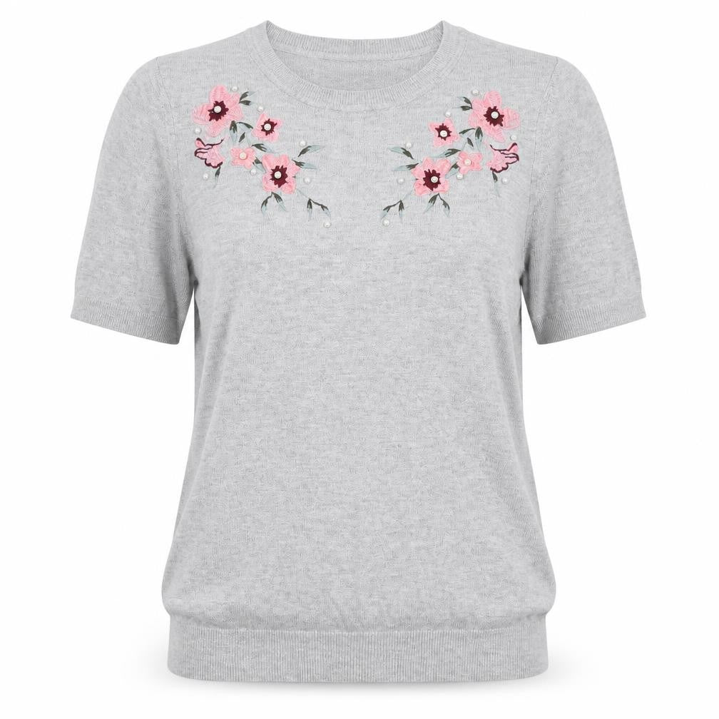 Dorothy Perkins Women Grey UK 8 Basic Embroidered Floral Knit Top