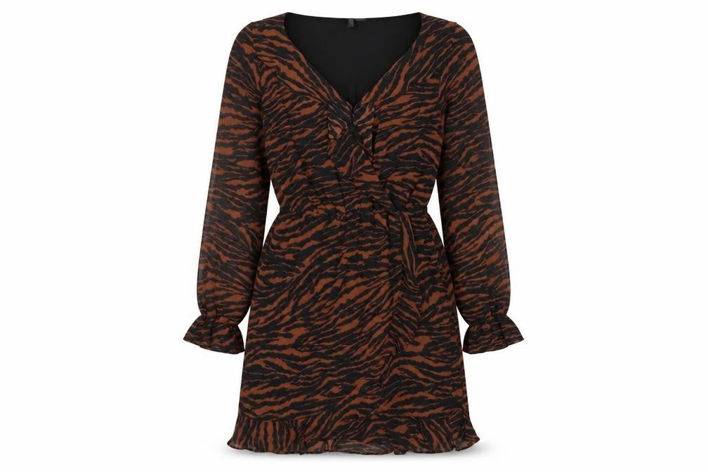 H&M Divided Women’s Brown Black Tiger Print Wrap Mini Dress UK 8