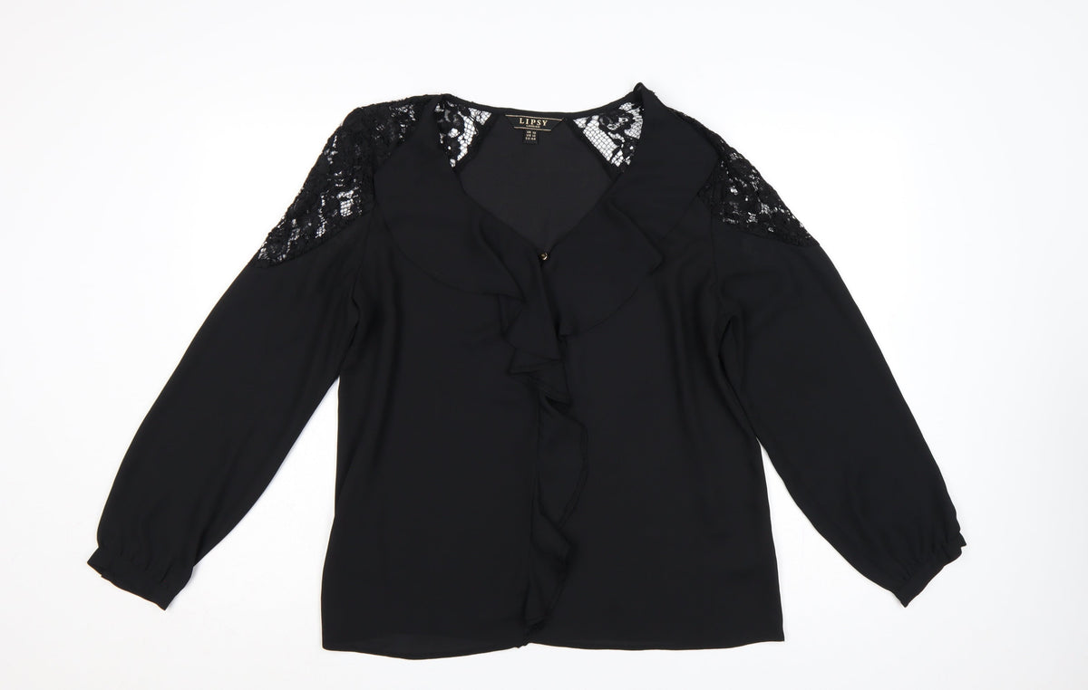 Lipsy Women Black UK 16 Ruffle Lace V-Neck Long Sleeve Blouse