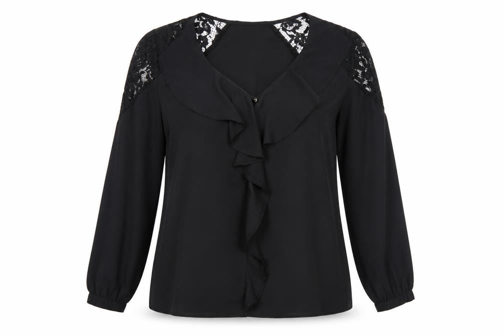 Lipsy Women Black UK 16 Ruffle Lace V-Neck Long Sleeve Blouse