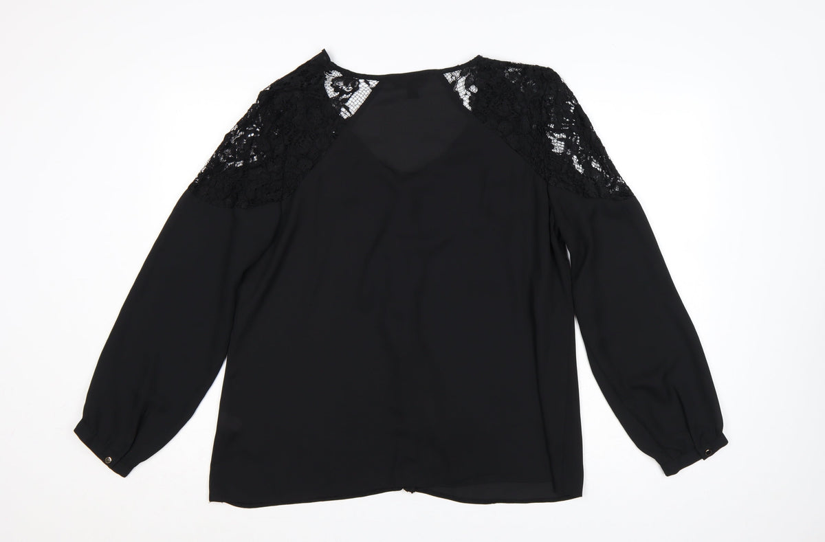 Lipsy Women Black UK 16 Ruffle Lace V-Neck Long Sleeve Blouse