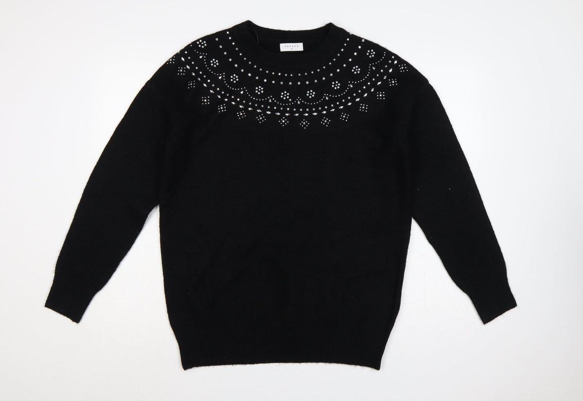 Additional front view of Papaya Women’s Black M Rhinestone Embellished Crew Neck Knit Jumper