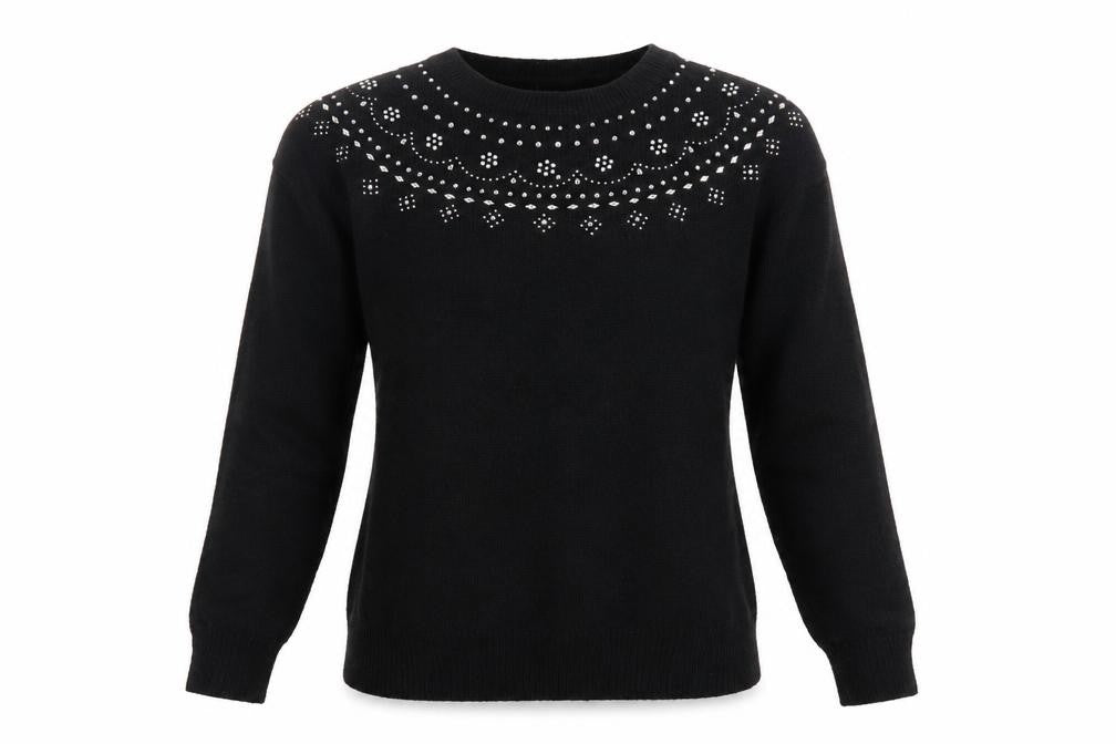 Front view of Papaya Women’s Black M Rhinestone Embellished Crew Neck Knit Jumper